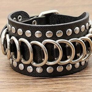 Black Studded Leather Bracelet with Silver Rings